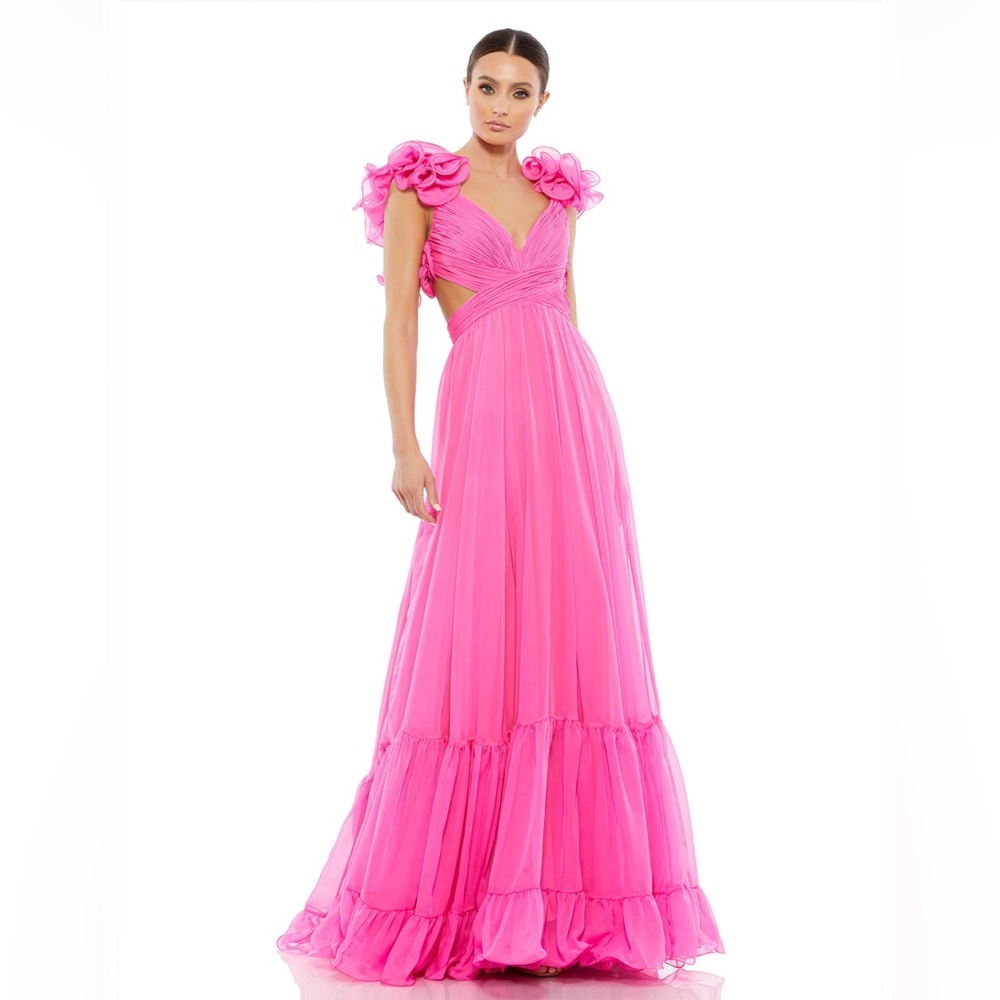 Mac Duggal Ruffle Tiered Cut-Out Chiffon Gown | Hot Pink | Size 6